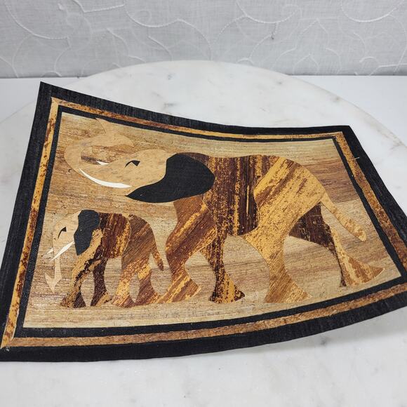 Vintage Banana Leaf Elephant and Rhino Painting Unframed Safari Wall Art - Picture 3 of 11